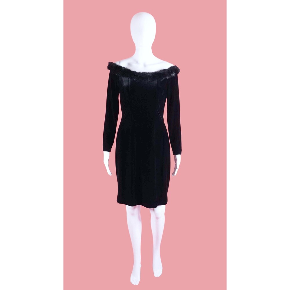 Y2K ALEX EVENINGS Faux Fur Shag Trim Long Sleeve VELVET Off Shoulder Dress. S-M